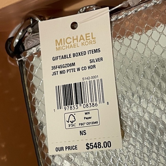 MICHAEL Michael Kors NWT Silver Snake Pouchette & Card Case Gift Set Box - Picture 5 of 16